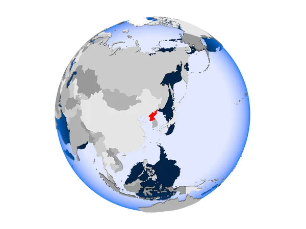 Північна Корея Виділено Червоним Кольором Політичні Глобусом Допомогою Прозорих Океанів — стокове фото