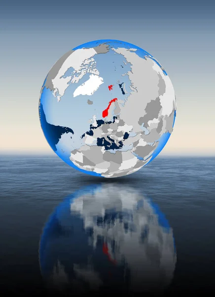 Norway In red on globe floating in water. 3D illustration.