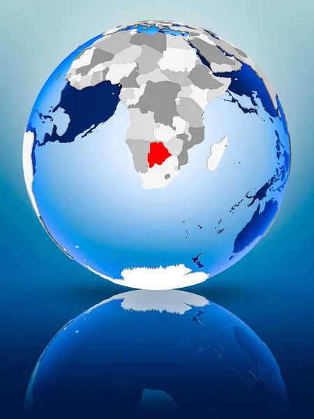 Botswana on political globe standing on reflective surface. 3D illustration.
