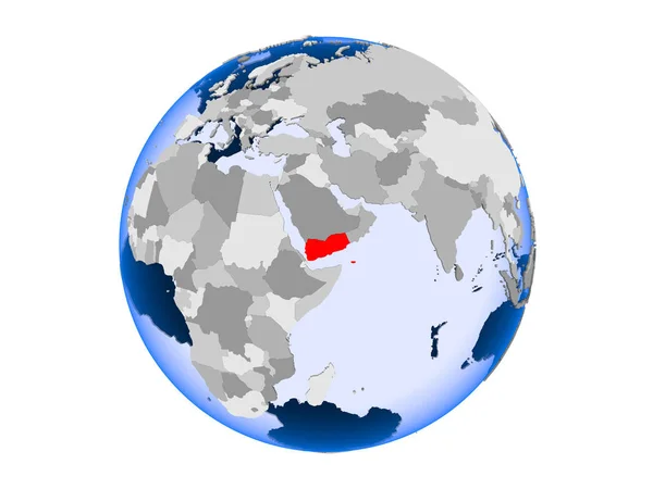 イエメンは 透明な海と政治の世界の赤で強調表示されます 白い背景で隔離の — ストック写真
