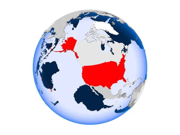 Stany Zjednoczone Ameryki Zaznaczone Czerwono Globus Polityczny Przezroczystym Oceanów Ilustracja — Zdjęcie stockowe