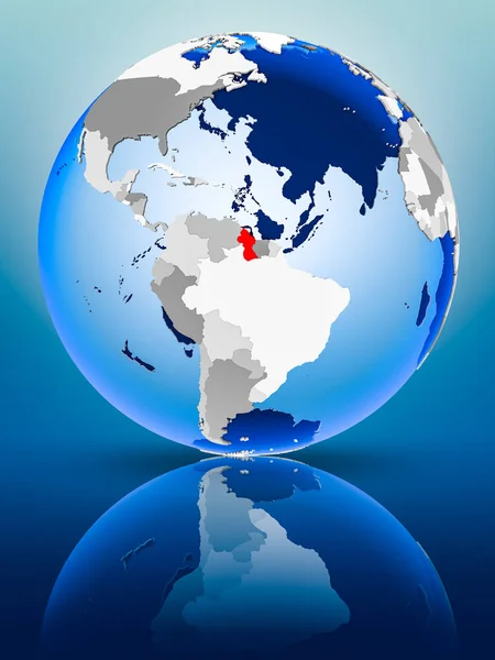 Guyana on political globe standing on reflective surface. 3D illustration.