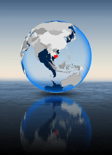 柬埔寨在全球漂浮在水中的红色 — 图库照片