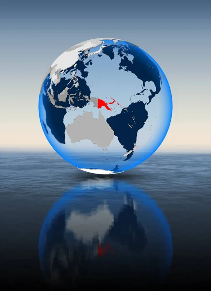 Papua New Guinea In red on globe floating in water. 3D illustration.