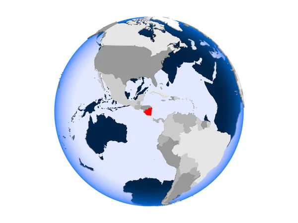 尼加拉瓜用红色突出显示了具有透明海洋的政治世界 在白色背景上隔离的插图 — 图库照片