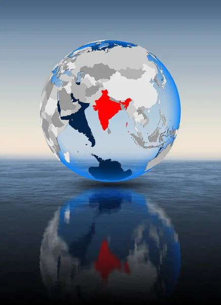 India In red on globe floating in water. 3D illustration.