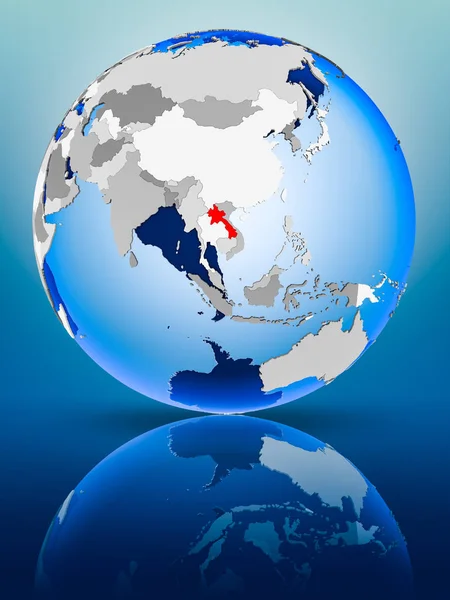 Laos on political globe standing on reflective surface. 3D illustration.