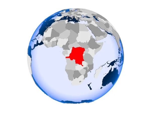 刚果民主共和国在具有透明海洋的政治世界上以红色突出 在白色背景上隔离的插图 — 图库照片