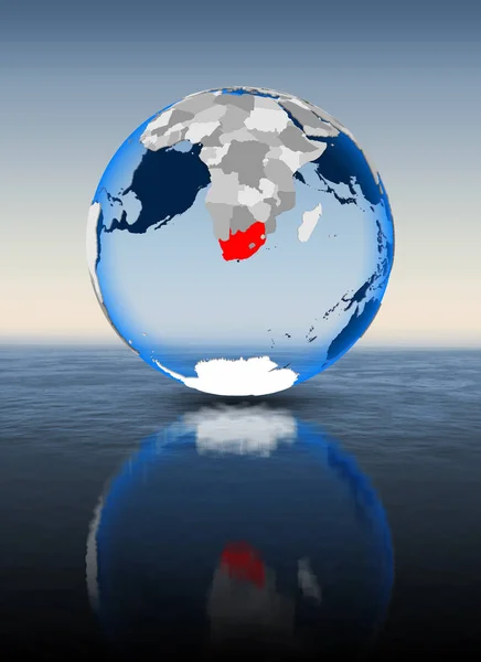 South Africa In red on globe floating in water. 3D illustration.