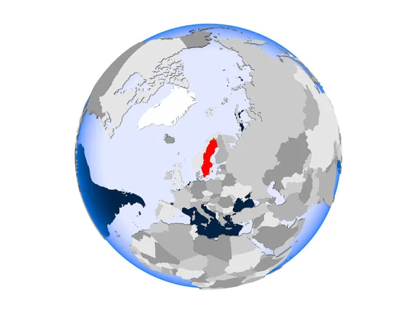 Szwecja Zaznaczone Czerwono Globus Polityczny Przezroczystym Oceanów Ilustracja Białym Tle — Zdjęcie stockowe