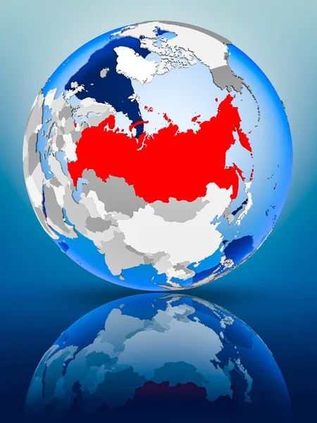 Russia on political globe standing on reflective surface. 3D illustration.