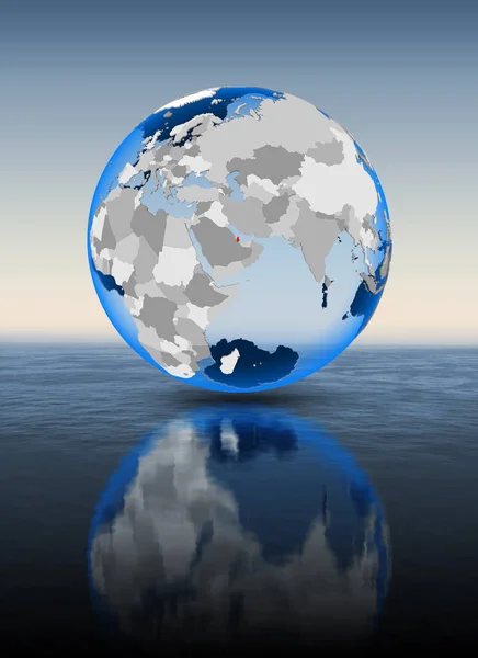 Qatar In red on globe floating in water. 3D illustration.