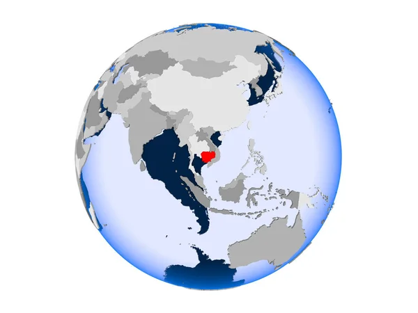 Cambodge Souligné Rouge Sur Globe Politique Avec Des Océans Transparents — Photo