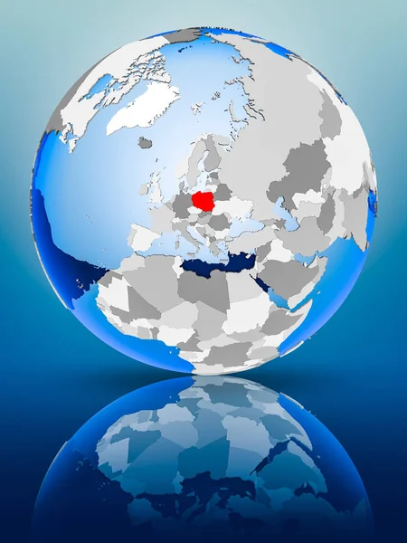 Poland on political globe standing on reflective surface. 3D illustration.