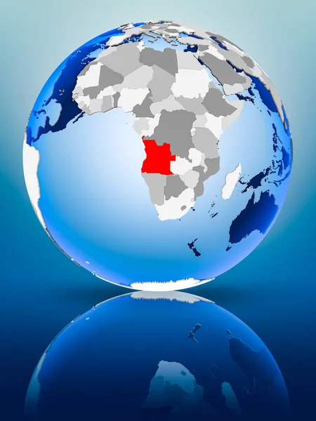 Angola on political globe standing on reflective surface. 3D illustration.