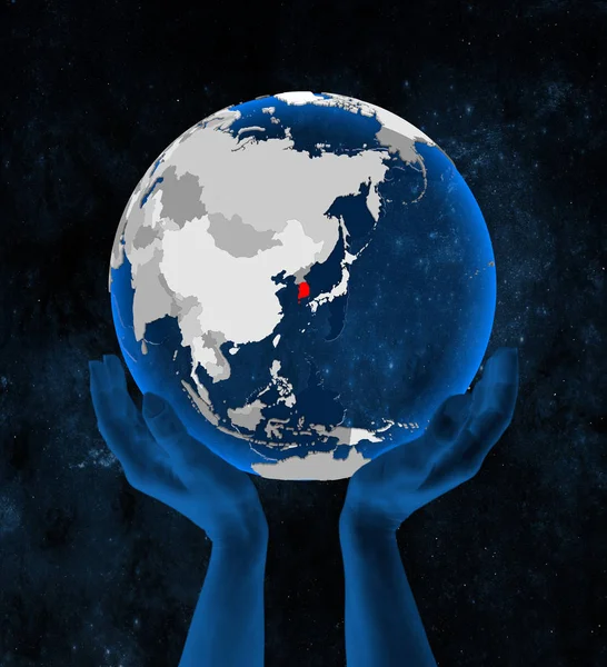 Uzayda Elinde Güney Kore Yarı Saydam Mavi Küre Üzerinde Tutulan — Stok fotoğraf