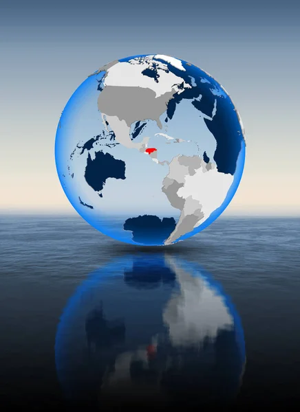 Honduras In red on globe floating in water. 3D illustration.