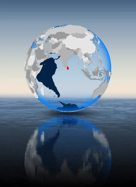 Sri Lanka In red on globe floating in water. 3D illustration.