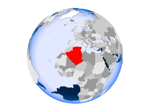 Algieria Zaznaczone Czerwono Globus Polityczny Przezroczystym Oceanów Ilustracja Białym Tle — Zdjęcie stockowe