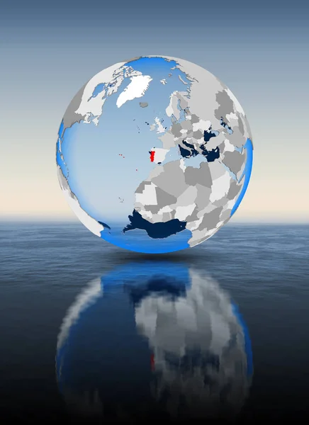 Portugal In red on globe floating in water. 3D illustration.