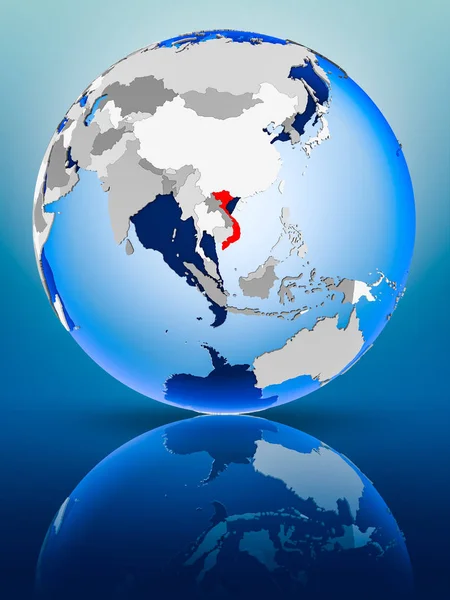 Vietnam on political globe standing on reflective surface. 3D illustration.