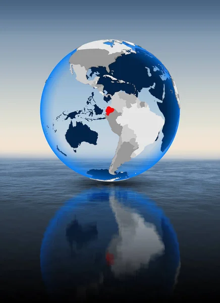 Ecuador In red on globe floating in water. 3D illustration.