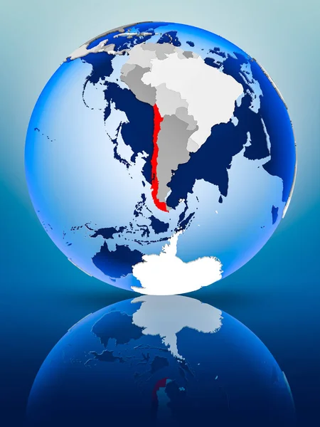 Chile on political globe standing on reflective surface. 3D illustration.