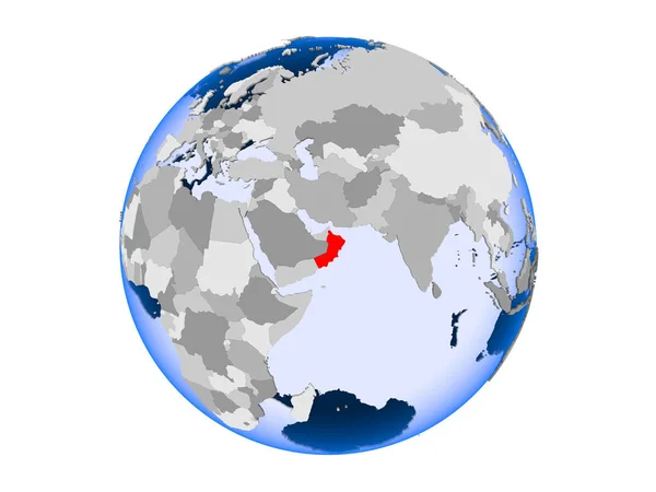 Oman Zaznaczone Czerwono Globus Polityczny Przezroczystym Oceanów Ilustracja Białym Tle — Zdjęcie stockowe