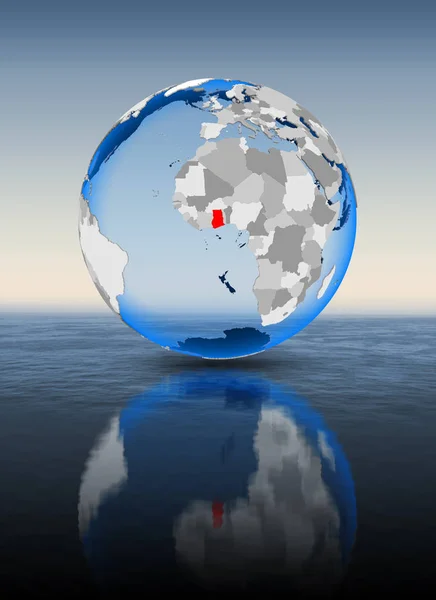 Ghana In red on globe floating in water. 3D illustration.