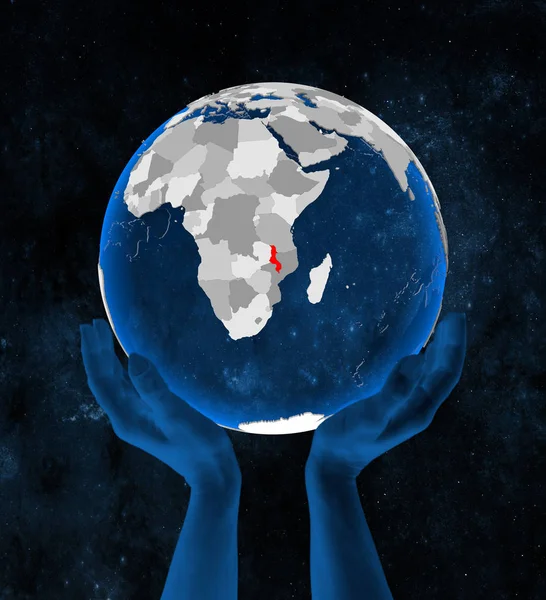 Малави Полупрозрачном Голубом Глобусе Держащемся Руках Космосе Иллюстрация — стоковое фото
