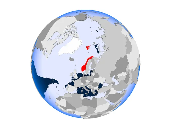 Norvegia Evidenziato Rosso Sul Globo Politico Con Oceani Trasparenti Illustrazione — Foto Stock
