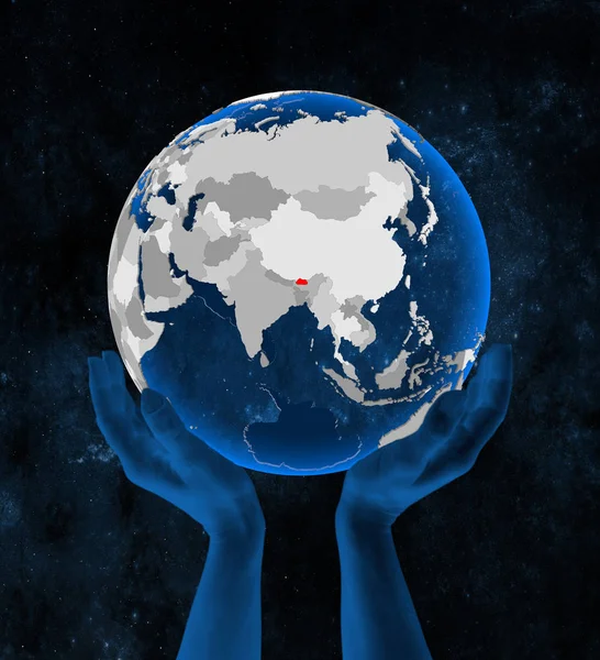 Butão Translúcido Globo Azul Segurado Mãos Espaço Ilustração — Fotografia de Stock