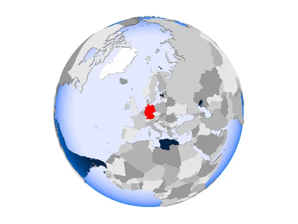 Německo Zvýrazněny Červeně Politické Globe Transparentní Oceány Ilustrace Izolované Bílém — Stock fotografie