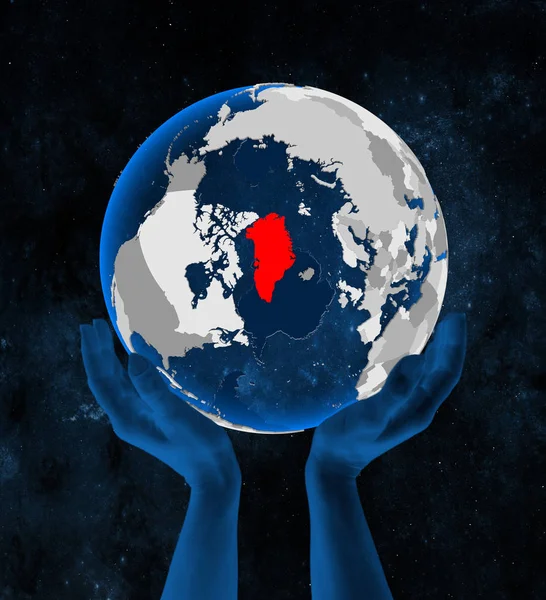 Greenland on translucent blue globe held in hands in space. 3D illustration.