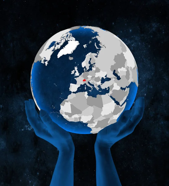 Швейцария Полупрозрачном Голубом Глобусе Держит Руках Космосе Иллюстрация — стоковое фото
