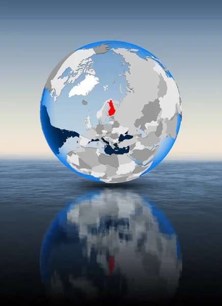 Finland In red on globe floating in water. 3D illustration.