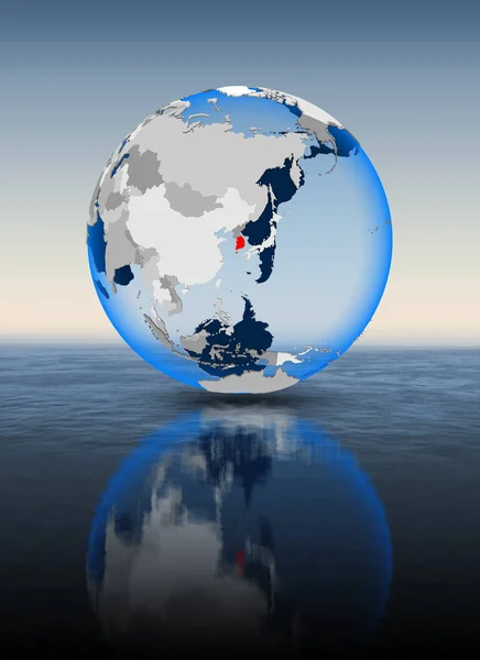 South Korea In red on globe floating in water. 3D illustration.