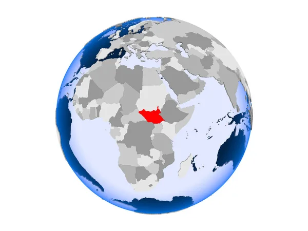 Sudão Sul Destacou Vermelho Globo Político Com Oceanos Transparentes Ilustração — Fotografia de Stock