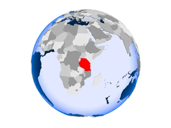 Tanzania Highlighted Red Political Globe Transparent Oceans Illustration Isolated White — Stock Photo, Image