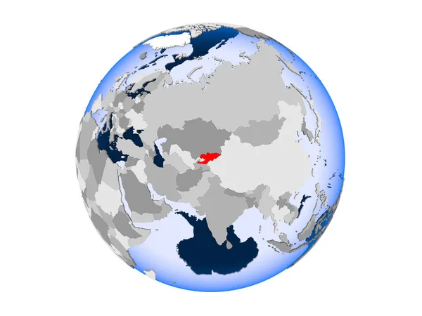 Kyrgyzstán Zvýrazněny Červeně Politické Globe Transparentní Oceány Ilustrace Izolované Bílém — Stock fotografie