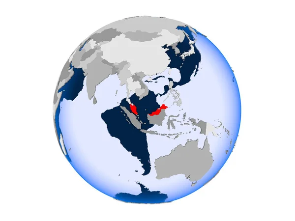 Malajsie Zvýrazněny Červeně Politické Globe Transparentní Oceány Ilustrace Izolované Bílém — Stock fotografie