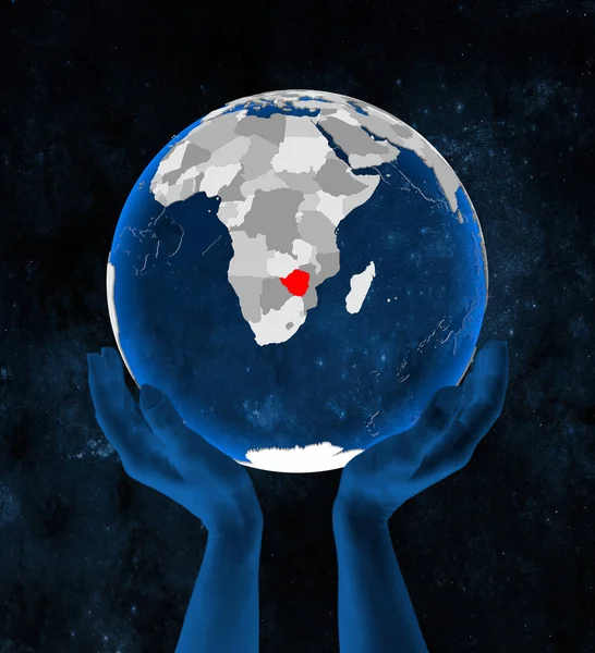 Zimbabwe Doorschijnende Blauwe Wereldbol Gehouden Handen Ruimte Illustratie — Stockfoto