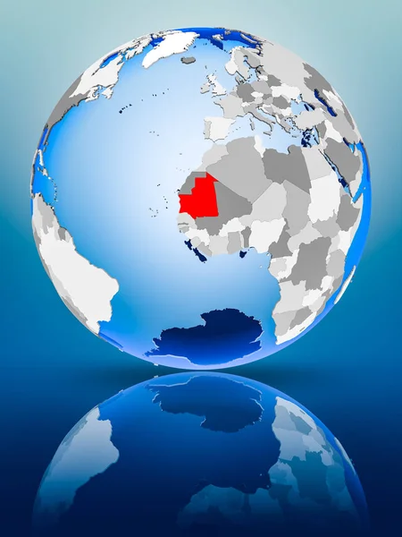 Mauritania on political globe standing on reflective surface. 3D illustration.