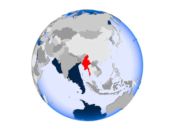 Myanmar Highlighted Red Political Globe Transparent Oceans Illustration Isolated White — Stock Photo, Image