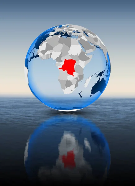 Democratic Republic of Congo In red on globe floating in water. 3D illustration.