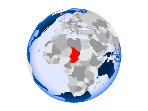 乍得以红色在政治世界上以透明的海洋突出显示 在白色背景上隔离的插图 — 图库照片