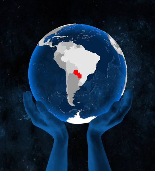 Paraguay Sur Globe Bleu Translucide Tenu Dans Les Mains Dans — Photo
