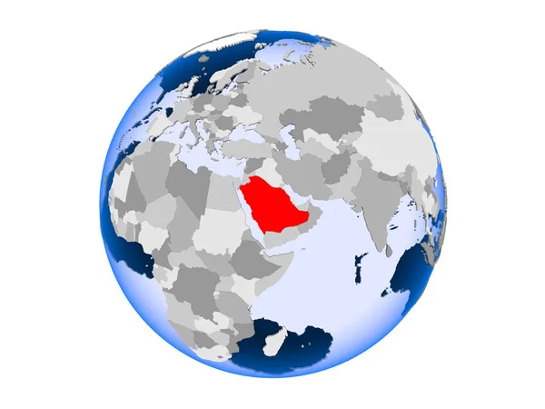 Arabia Saudyjska Zaznaczone Czerwono Globus Polityczny Przezroczystym Oceanów Ilustracja Białym — Zdjęcie stockowe
