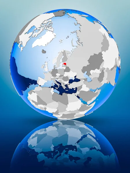 Estonia on political globe standing on reflective surface. 3D illustration.