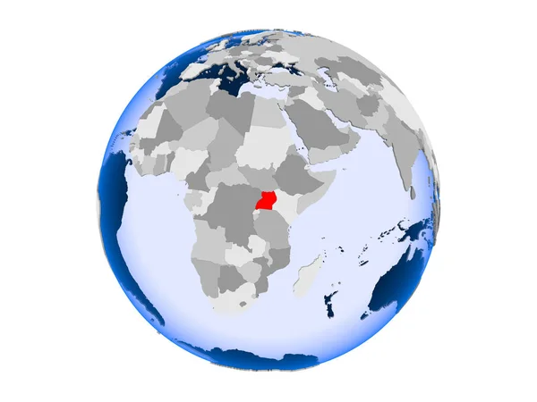 Uganda Zvýrazněny Červeně Politické Globe Transparentní Oceány Ilustrace Izolované Bílém — Stock fotografie